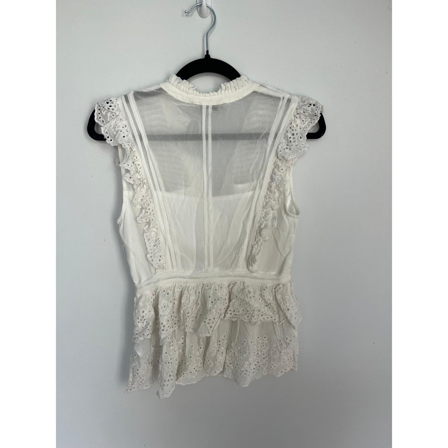 AllSaints Eyelet Ruffle Sleeveless Blouse Women 4 White Boho Peplum Top