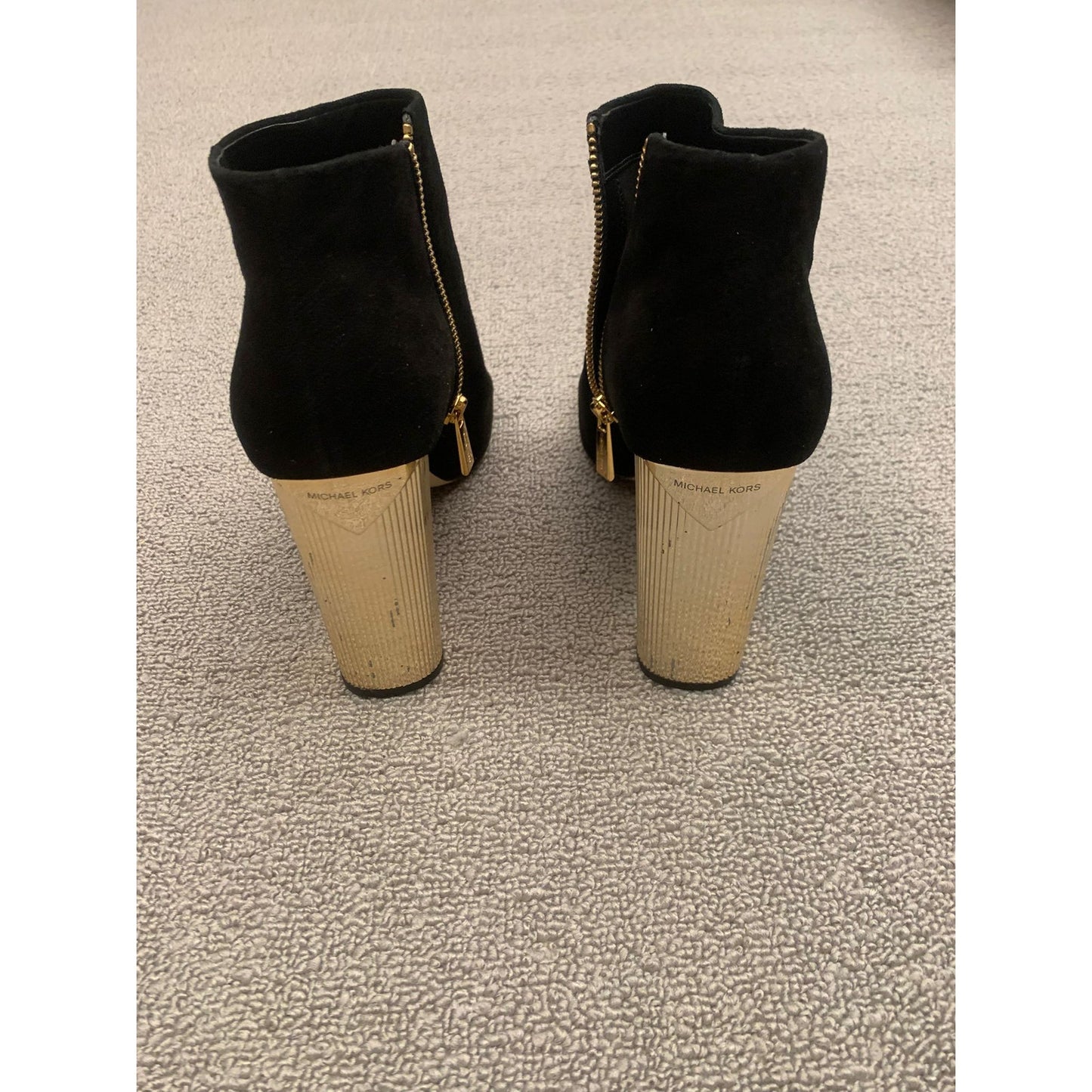 Michael Kors Women 9M Black Suede Ankle Boots Gold Fluted Heel