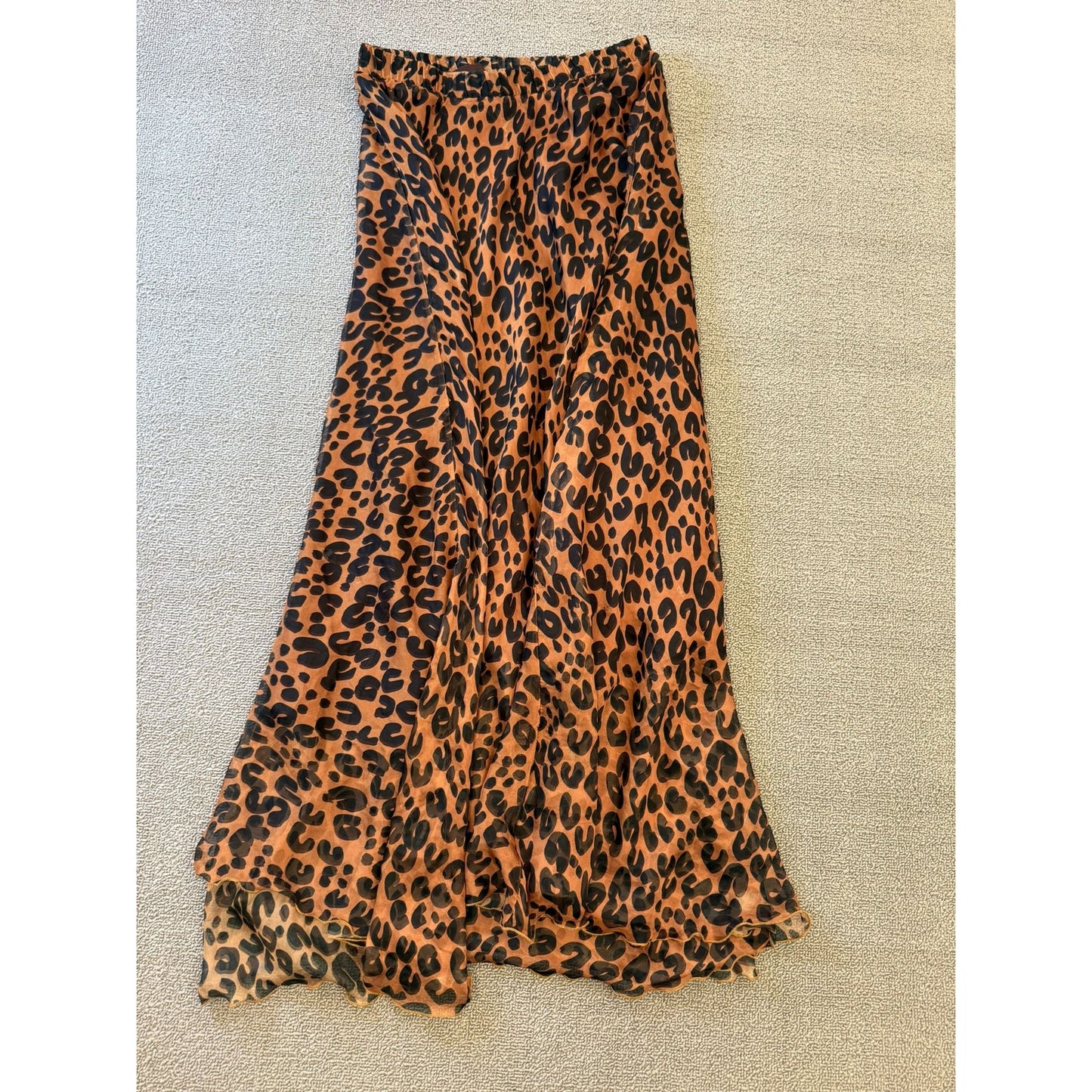 L'VOW Women's M Leopard Print Maxi Skirt Flowy Animal Print Long Silk