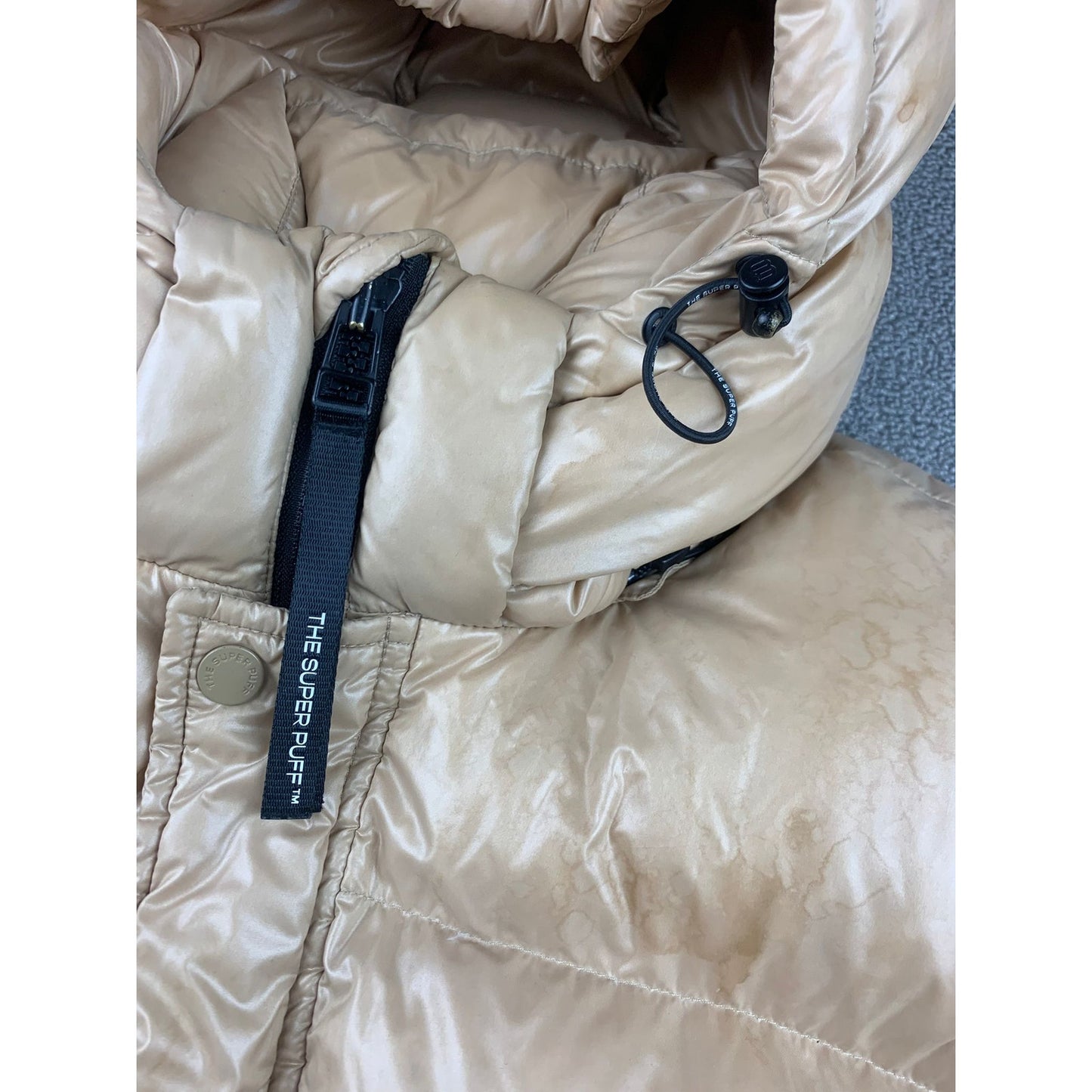 Aritzia The Super Puff Womens Large Tan Hooded Quilted Puffer Down Coat