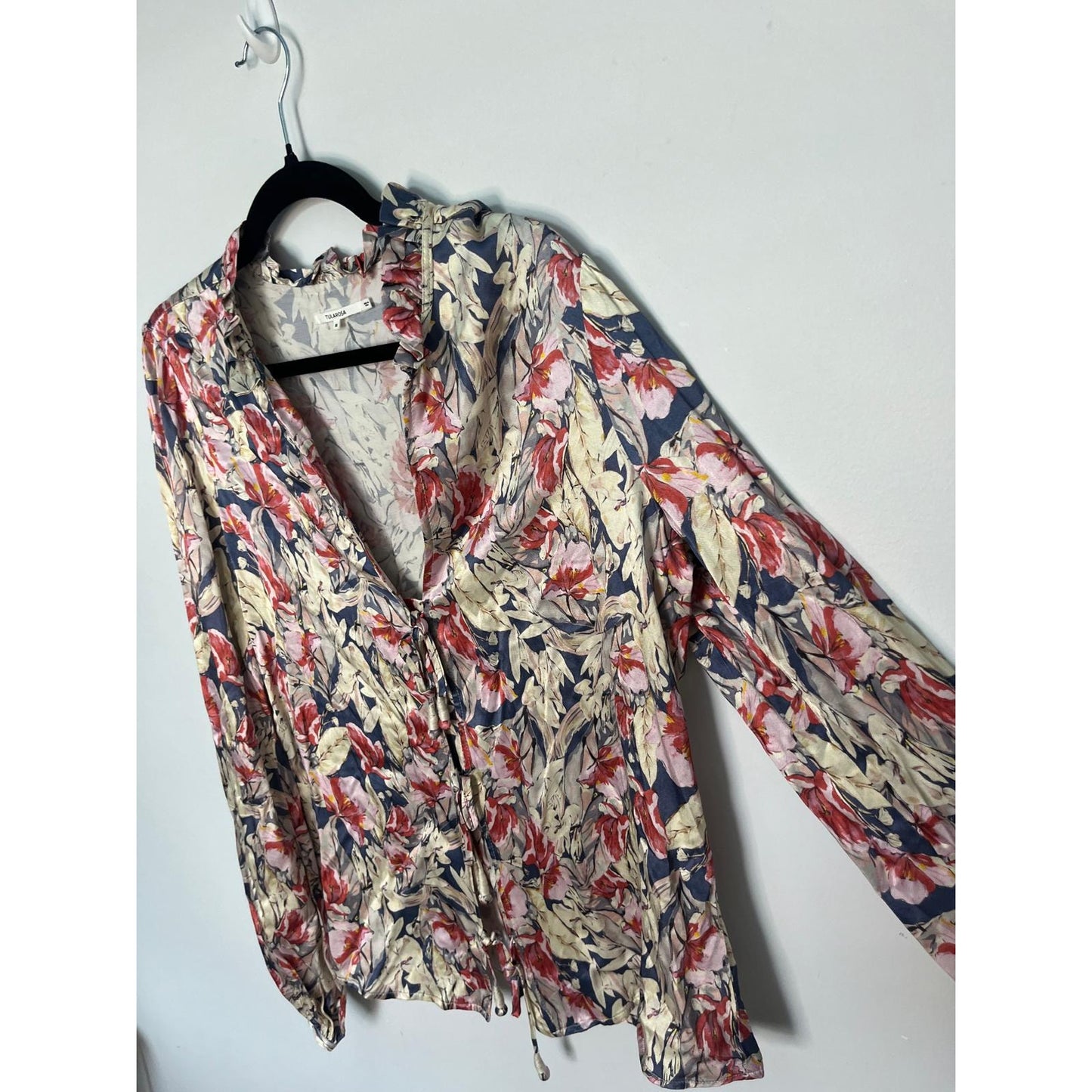 Tularosa Floral Blouse Women Medium Long Sleeve V Neck Tie Front