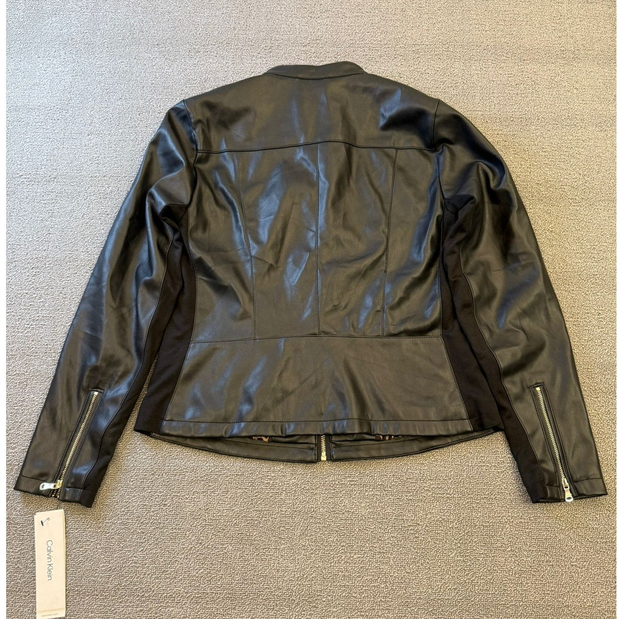 Calvin Klein Womens Large Black Faux Leather Biker Jacket Gold Zippers