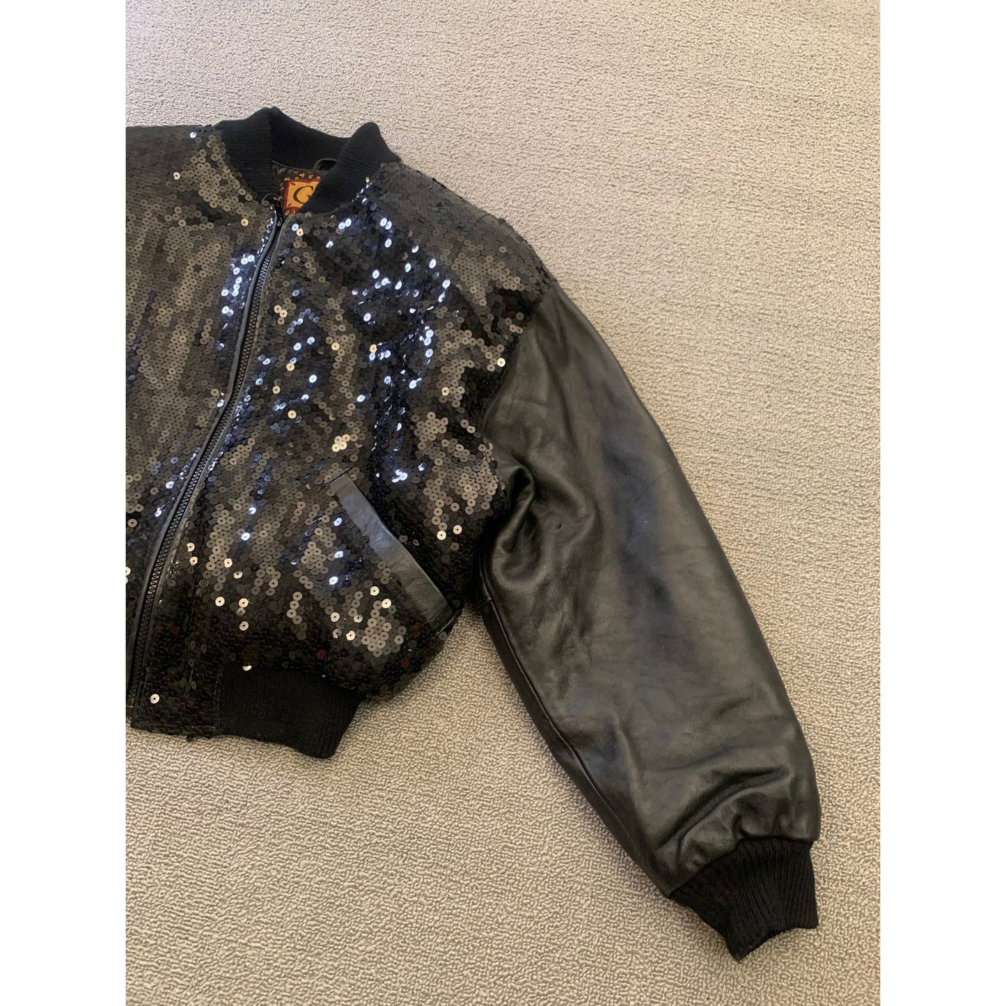 Vintage Y2K G-III LEATHER Women Small Black Sequin Leather Bomber Jacket