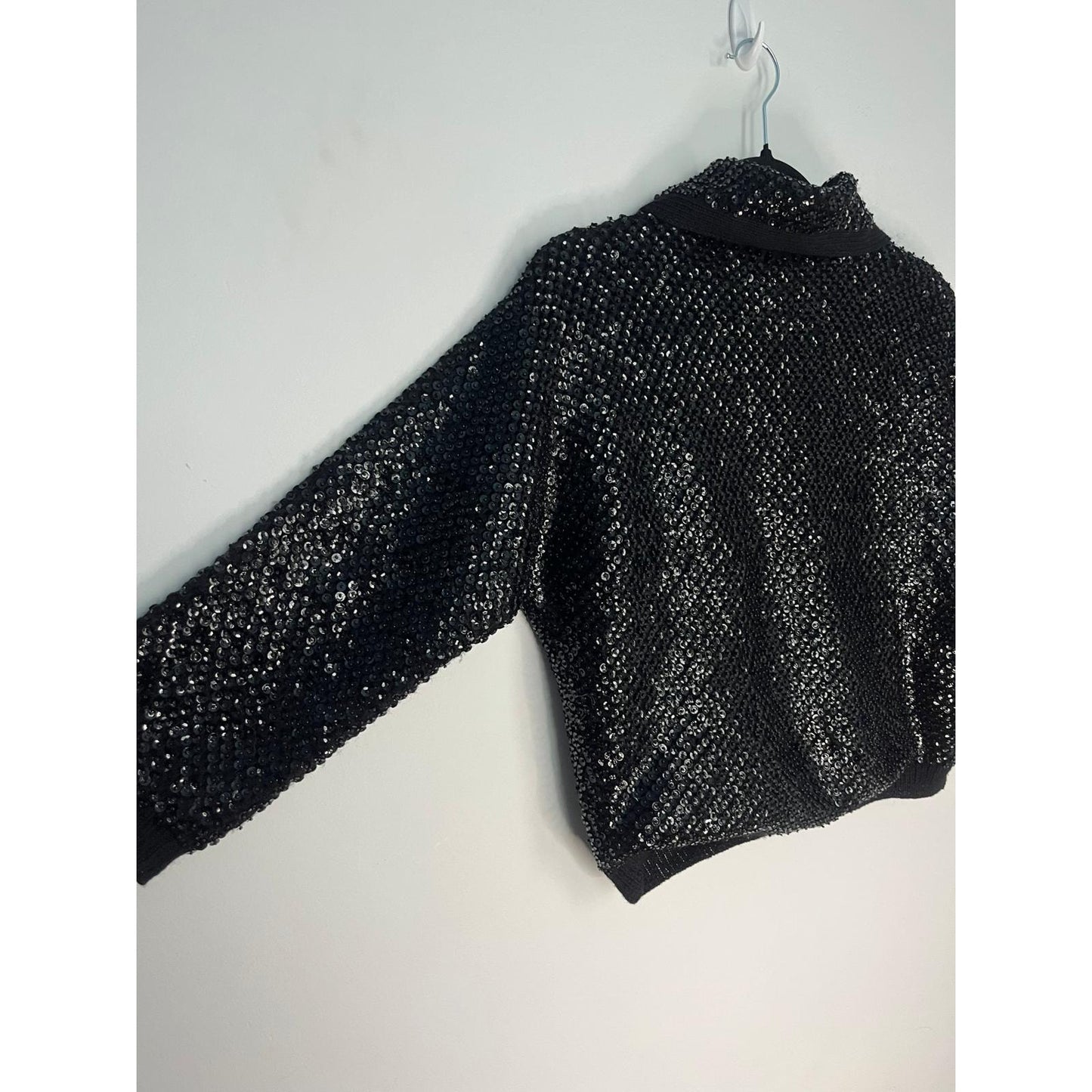 Riviera Sequin Wool Cardigan Sweater Womens 40 Black Vintage Beaded Button Up