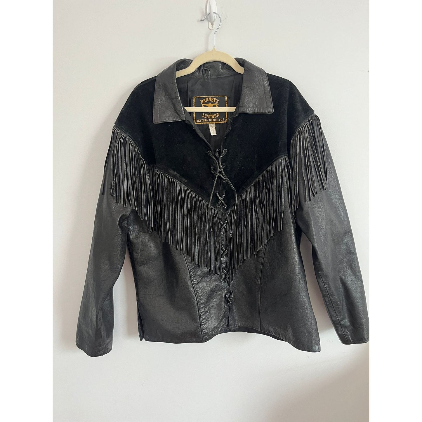 Barney’s Leather Jacket Women Large Black Fringe Western Lace Up USA Made Suede