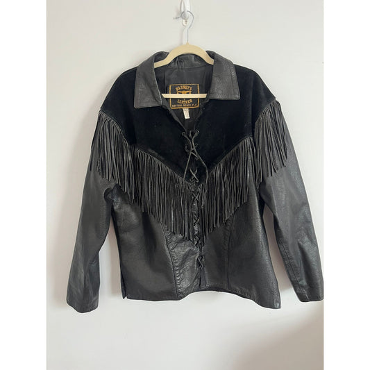 Barney’s Leather Jacket Women Large Black Fringe Western Lace Up USA Made Suede