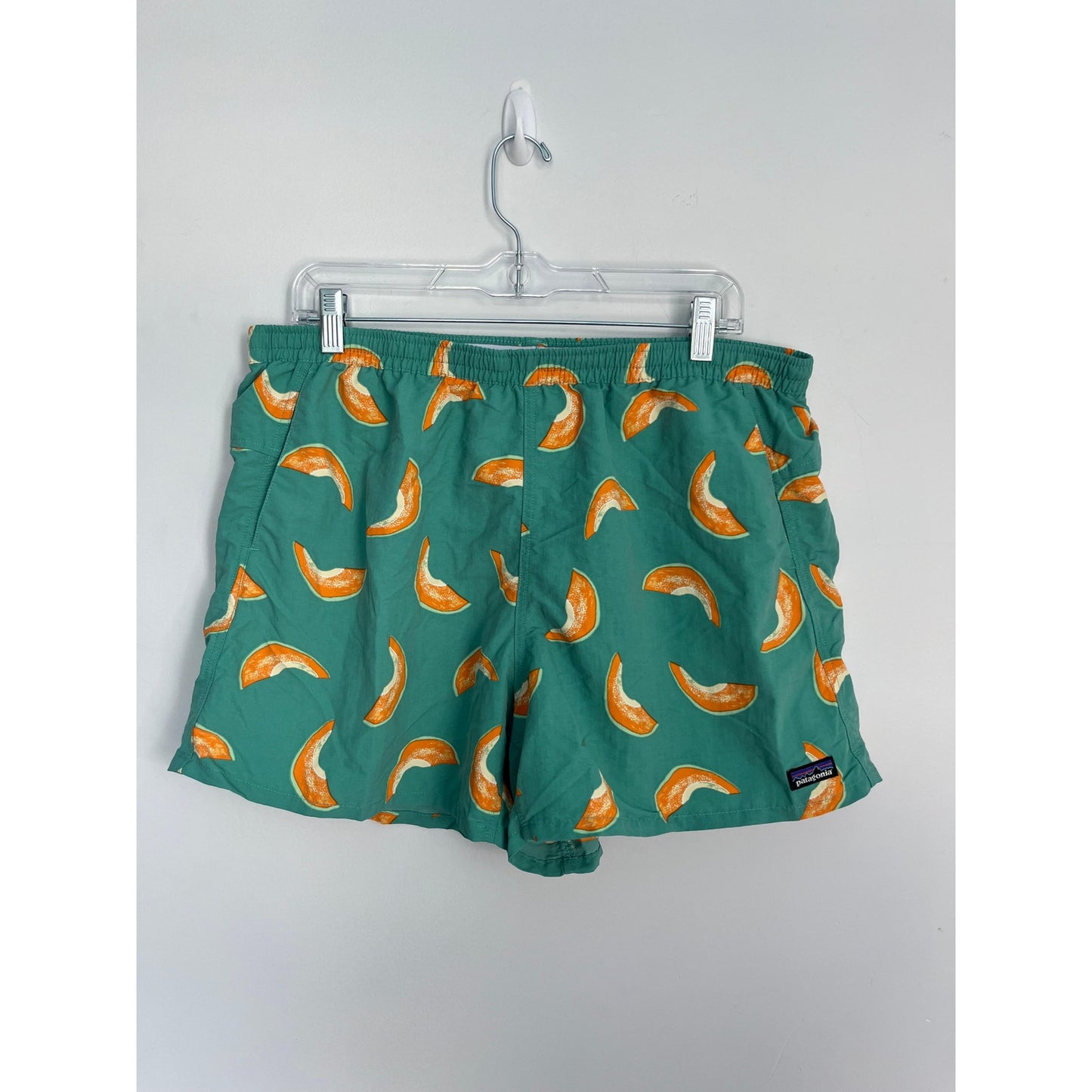 Patagonia Swim Trunks Women XL Green Orange Fruit Print Board Shorts