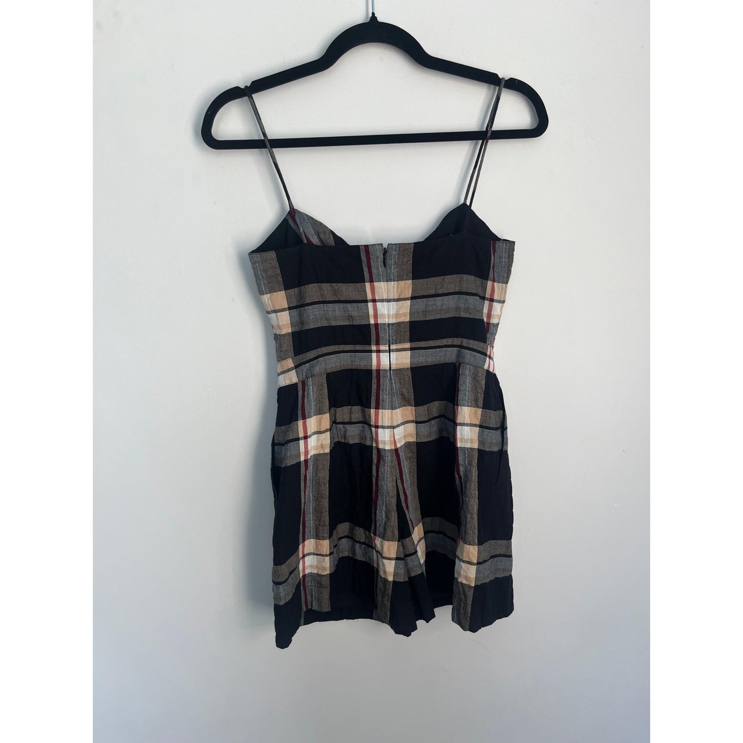 Club Monaco Plaid Romper Women 0 Black Tan Bow Tie Front Spaghetti Strap