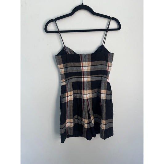 Club Monaco Plaid Romper Women 0 Black Tan Bow Tie Front Spaghetti Strap