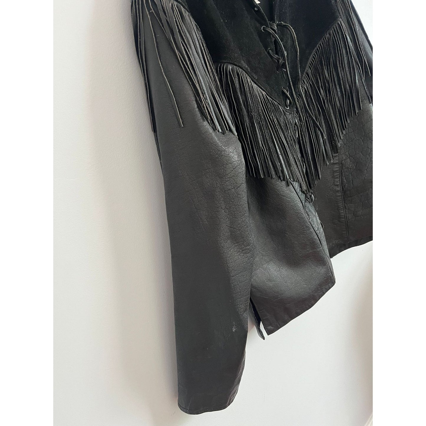 Barney’s Leather Jacket Women Large Black Fringe Western Lace Up USA Made Suede