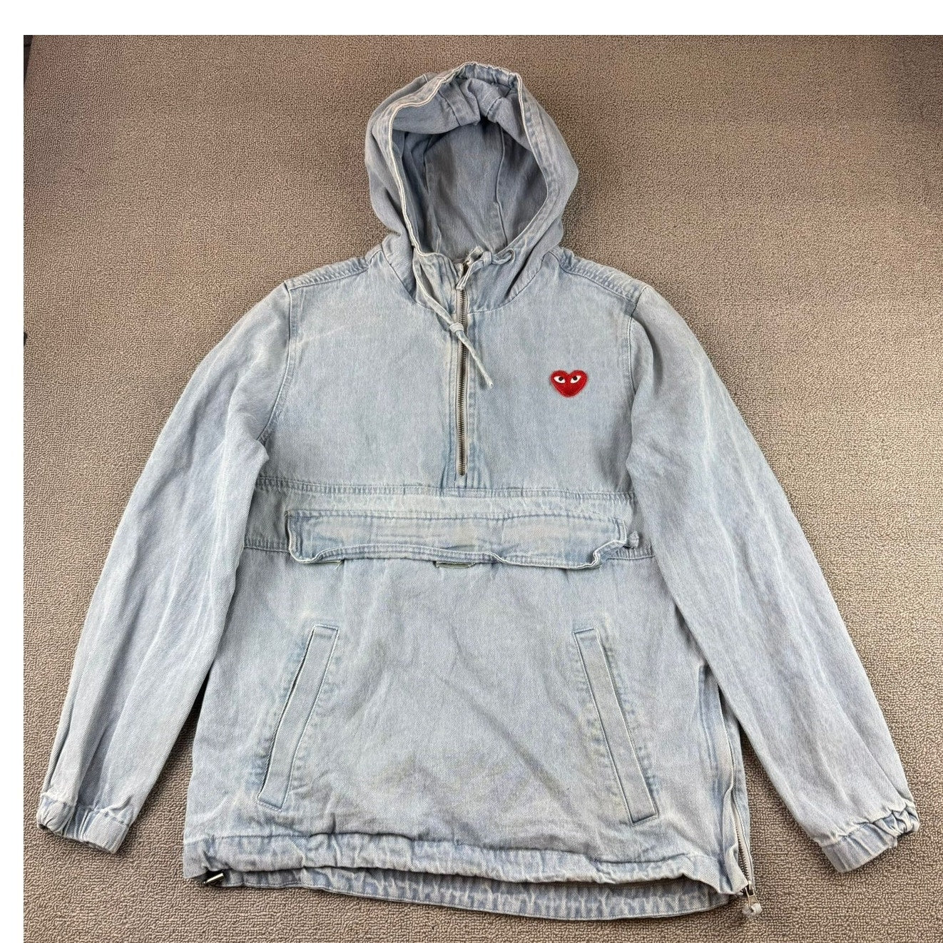 Cotton On Denim Anorak Men's Size Medium Light Wash Hooded DIY Heart Patch