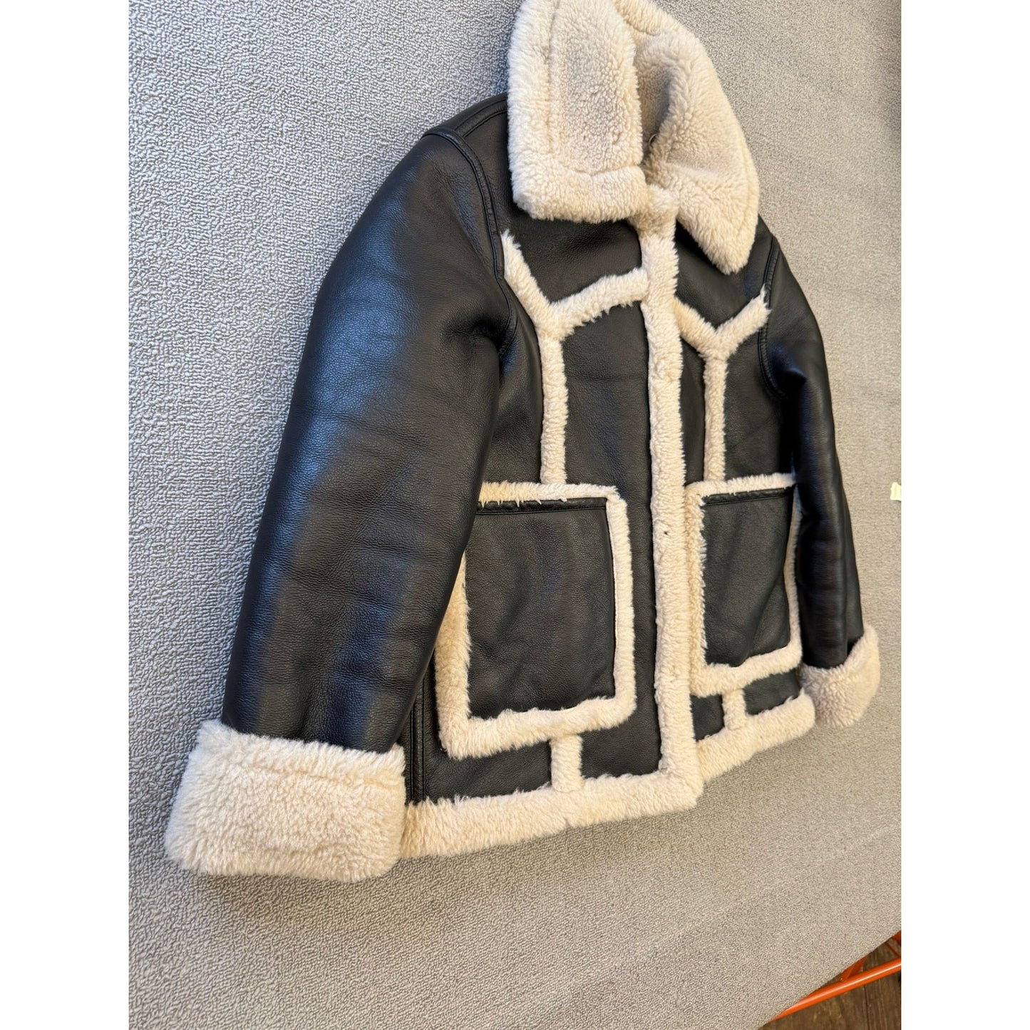 MNG Mango Women's XS Black Faux Leather Shearling Bomber Biker Jacket Warm Coat