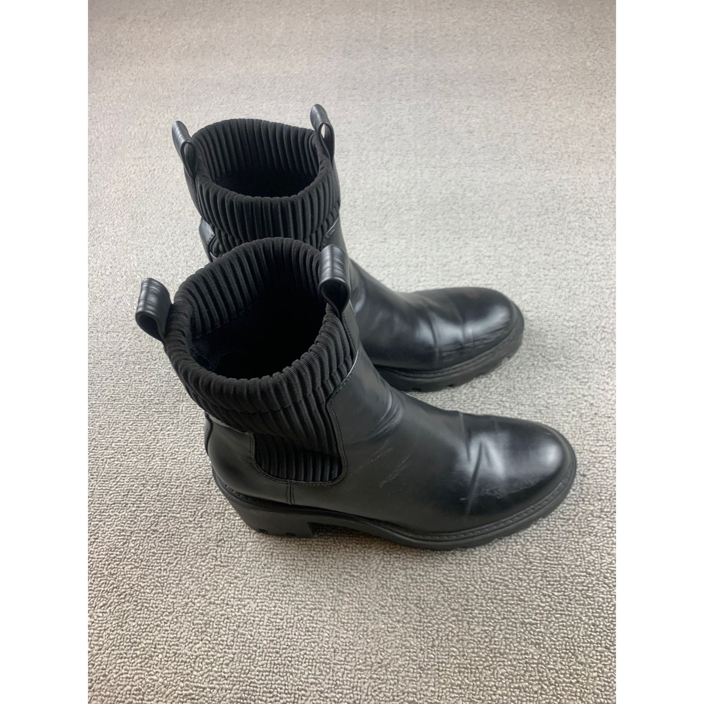 Zara Womens Sz 40 Black Faux Leather Chelsea Boots Lug Sole Ribbed Sock Mid Calf