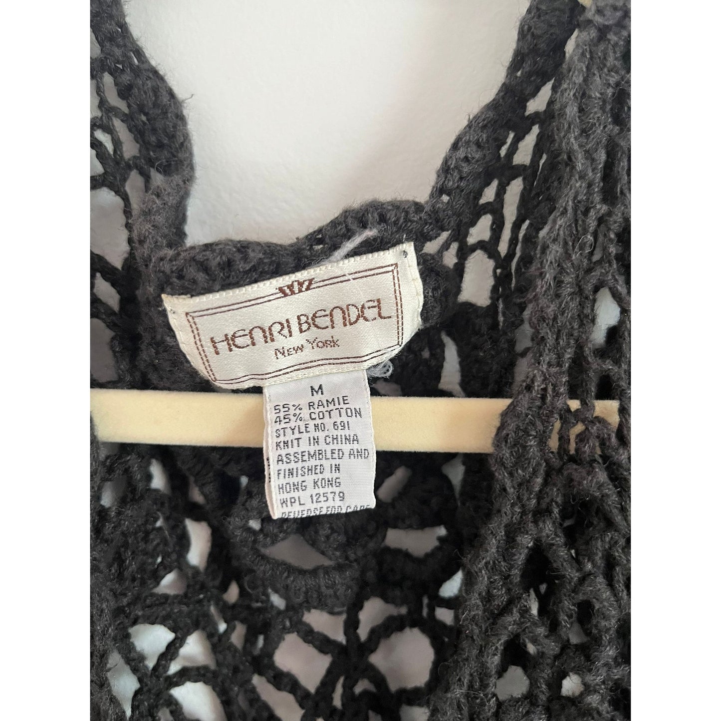 Henri Bendel Cardigan Women Size M Black Open Crochet Knit Button Front Vintage