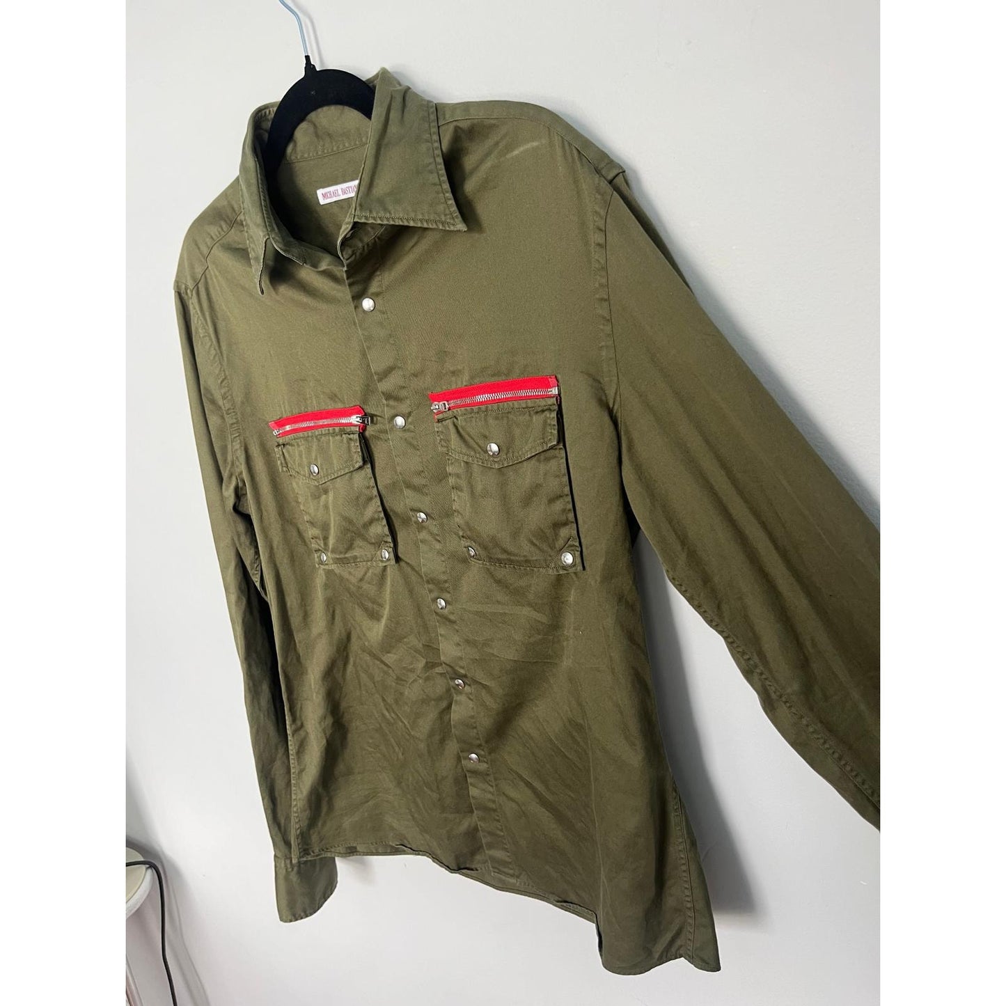 Michael Bastian Button Shirt Men 15.5 Green Cotton Red Zipper Pocket Long Sleeve