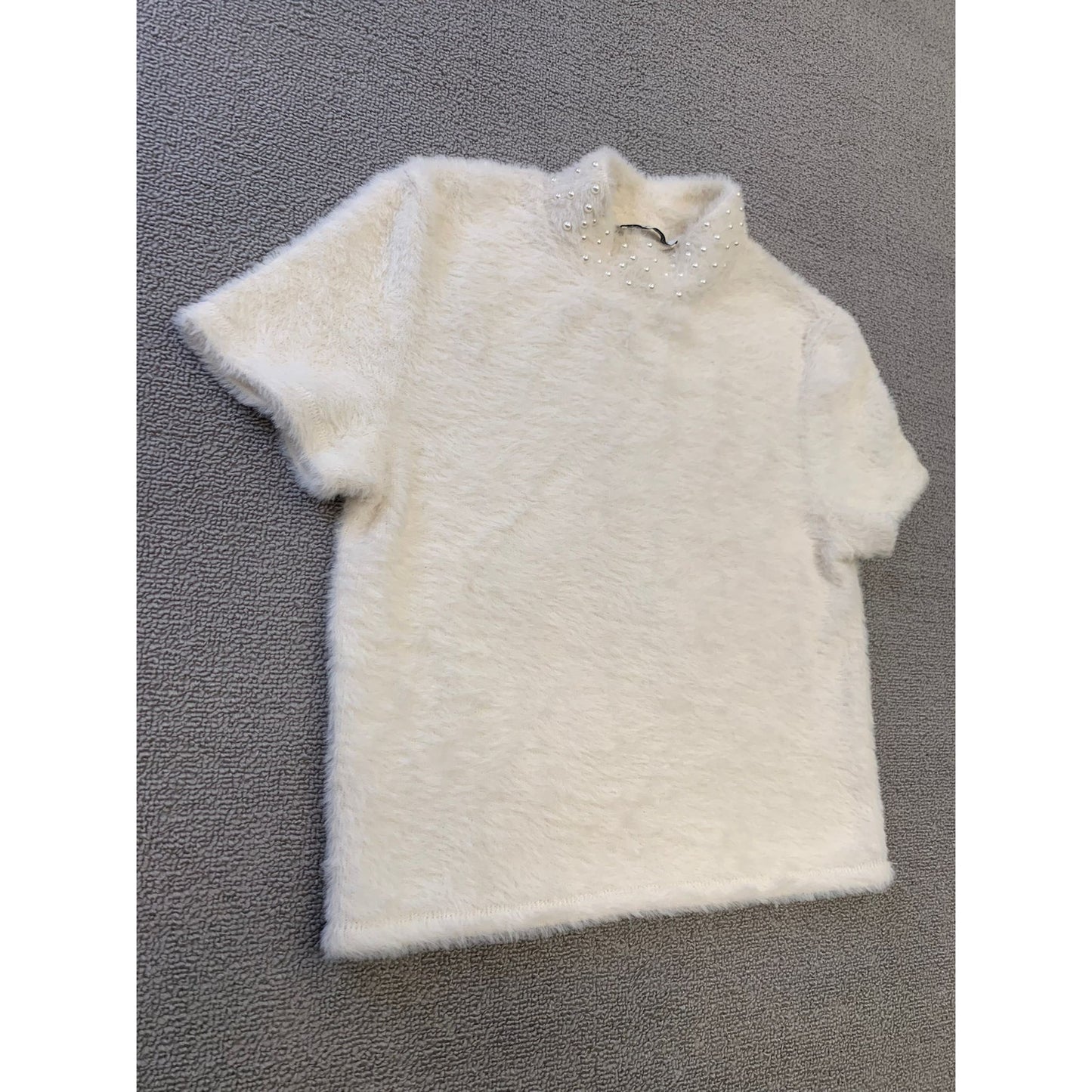 Zara Women's Medium White Pearl Embellished Short Sleeve Fluffy Top